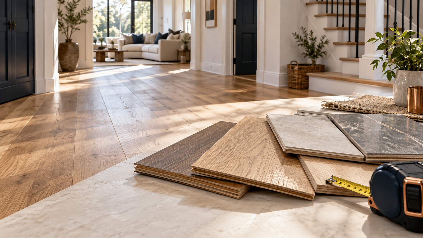 Wood and porcelain flooring samples beside a measuring tape in a sunlit home.