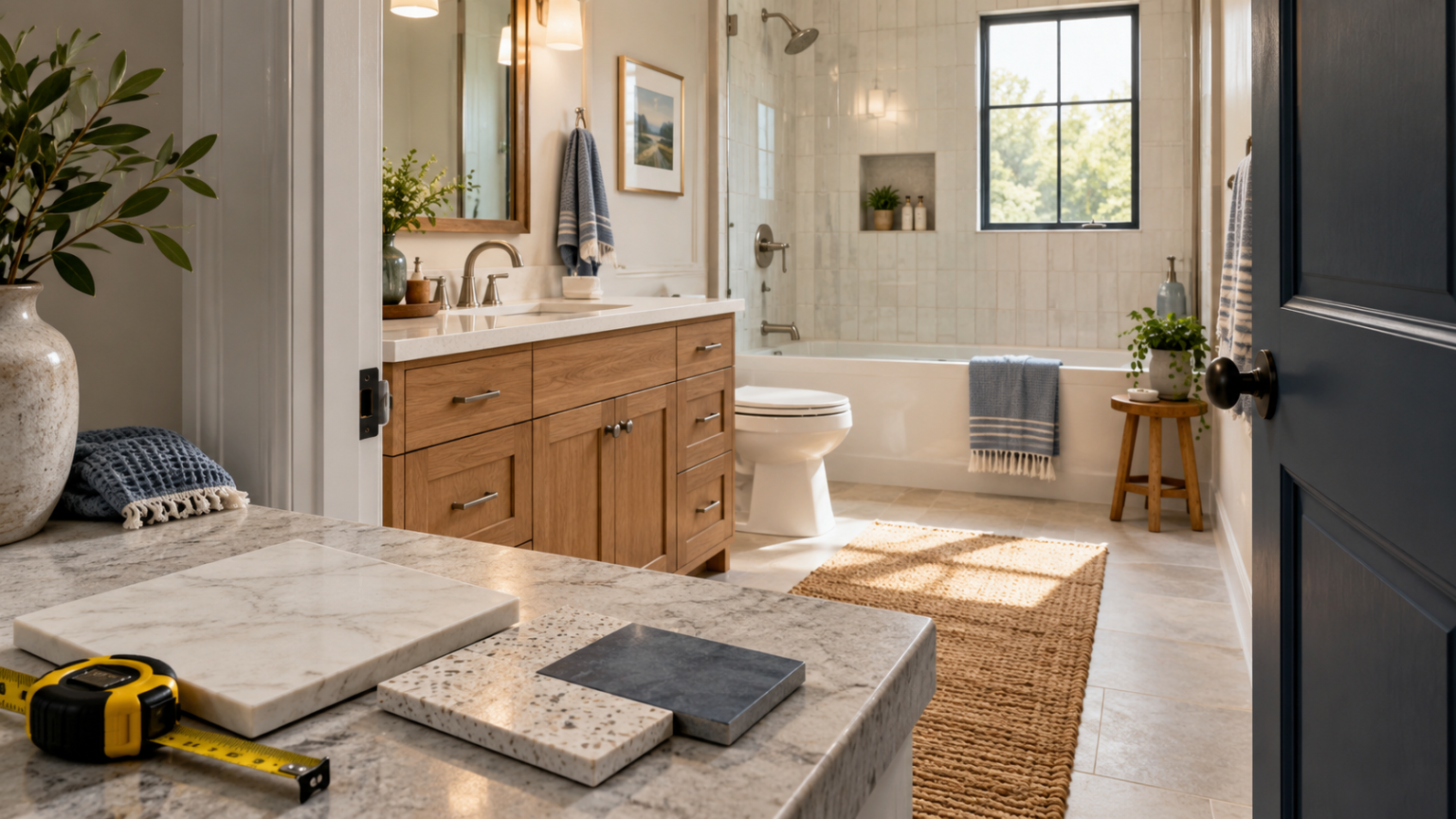 Tile samples and a measuring tape in front of a renovated bathroom with an oak vanity.