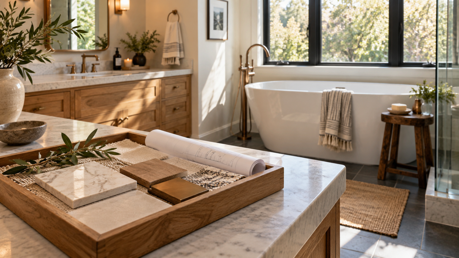 A sample tray with stone, wood, and metal finishes in a bathroom with a freestanding bathtub.