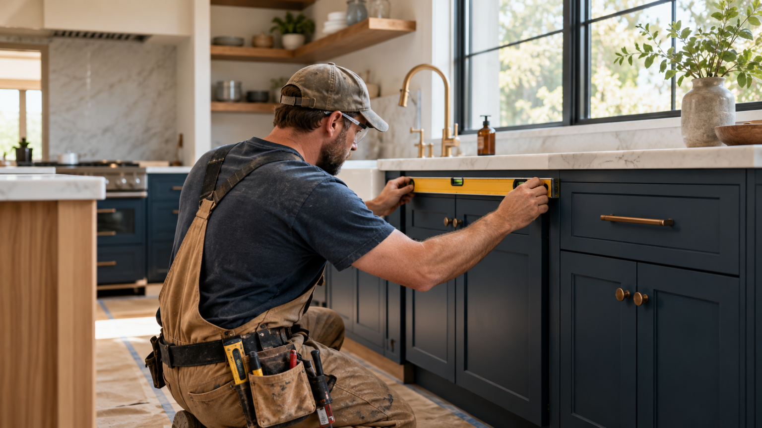 A carpenter checking a kitchen base cabinet with a spirit level.