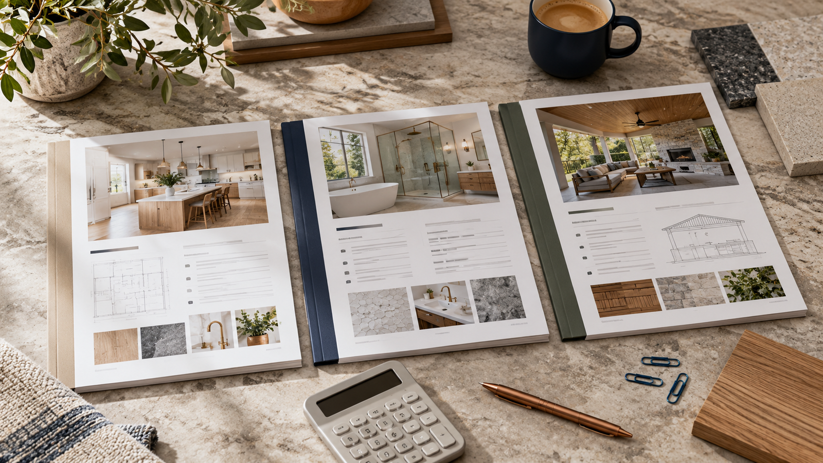 Three renovation proposal folders arranged beside a calculator and material samples.