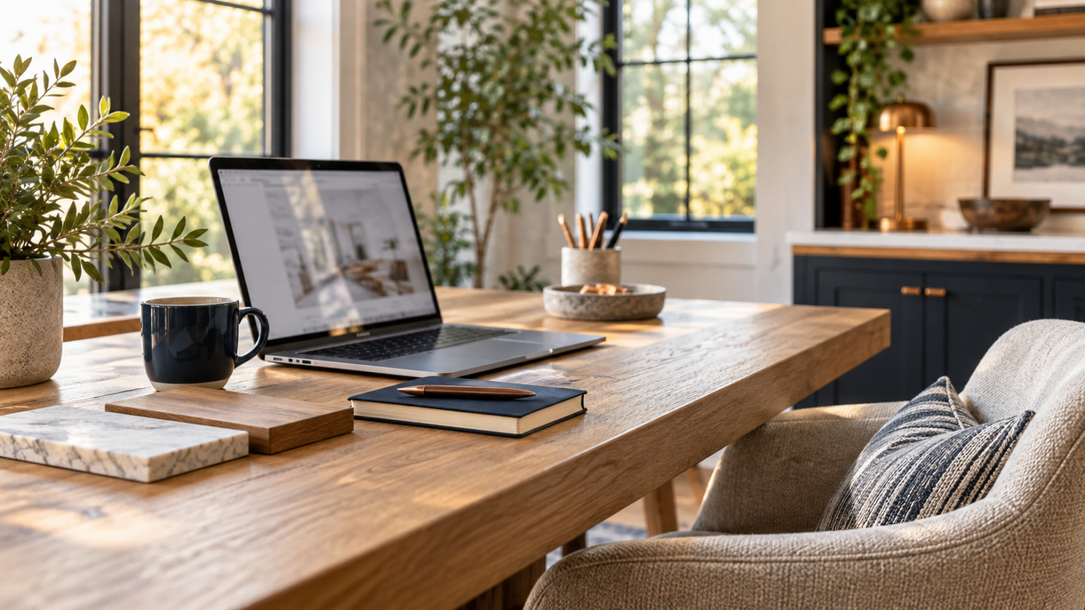 A laptop and navy notebook on a sunlit home workspace with renovation material samples.