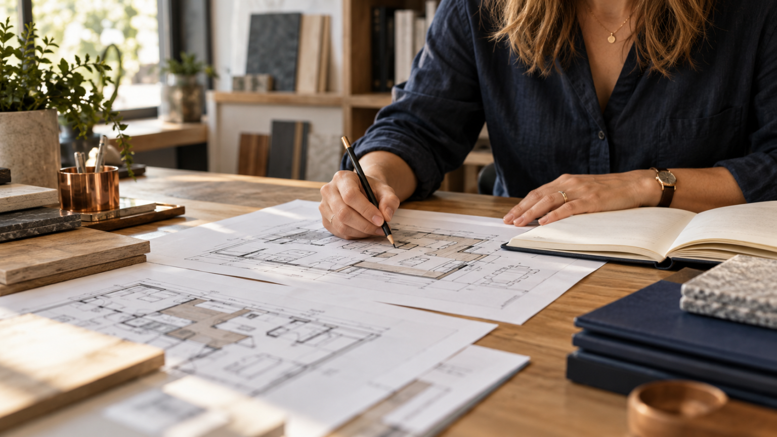 Hands checking residential floor plans and making a pencil correction beside a notebook.