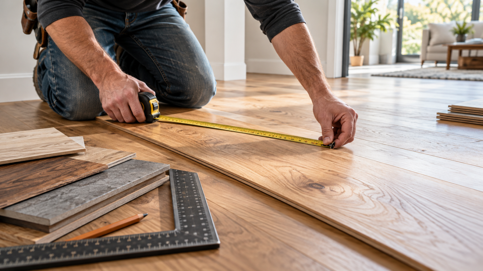 Hands measuring an oak floorboard with a tape measure beside flooring samples.