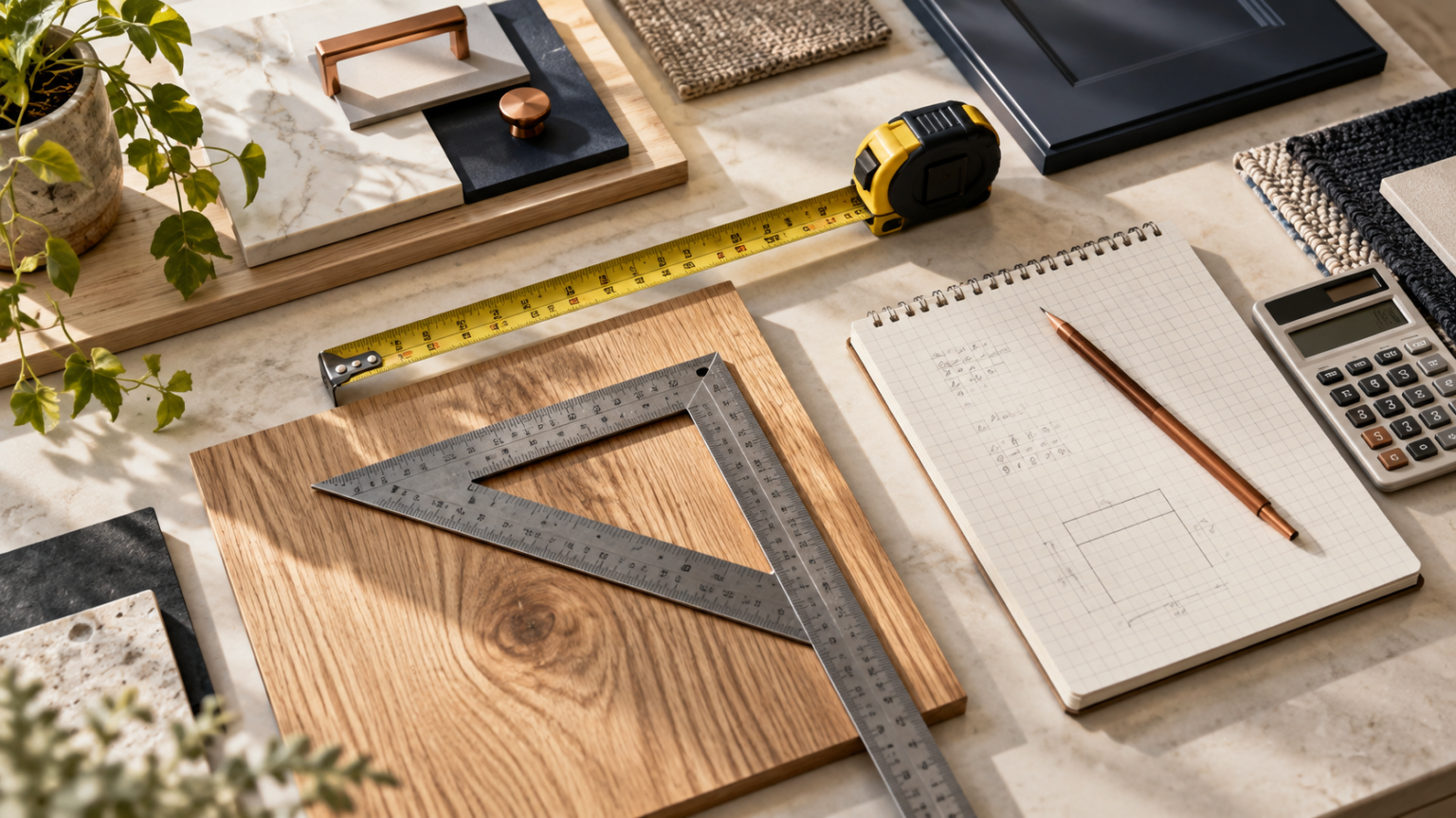 Measuring tools, an oak sample, a calculator, and a squared notebook arranged on a table.