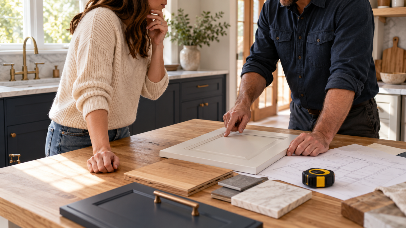 A homeowner and contractor discussing cabinet finishes and renovation plans at an oak table.