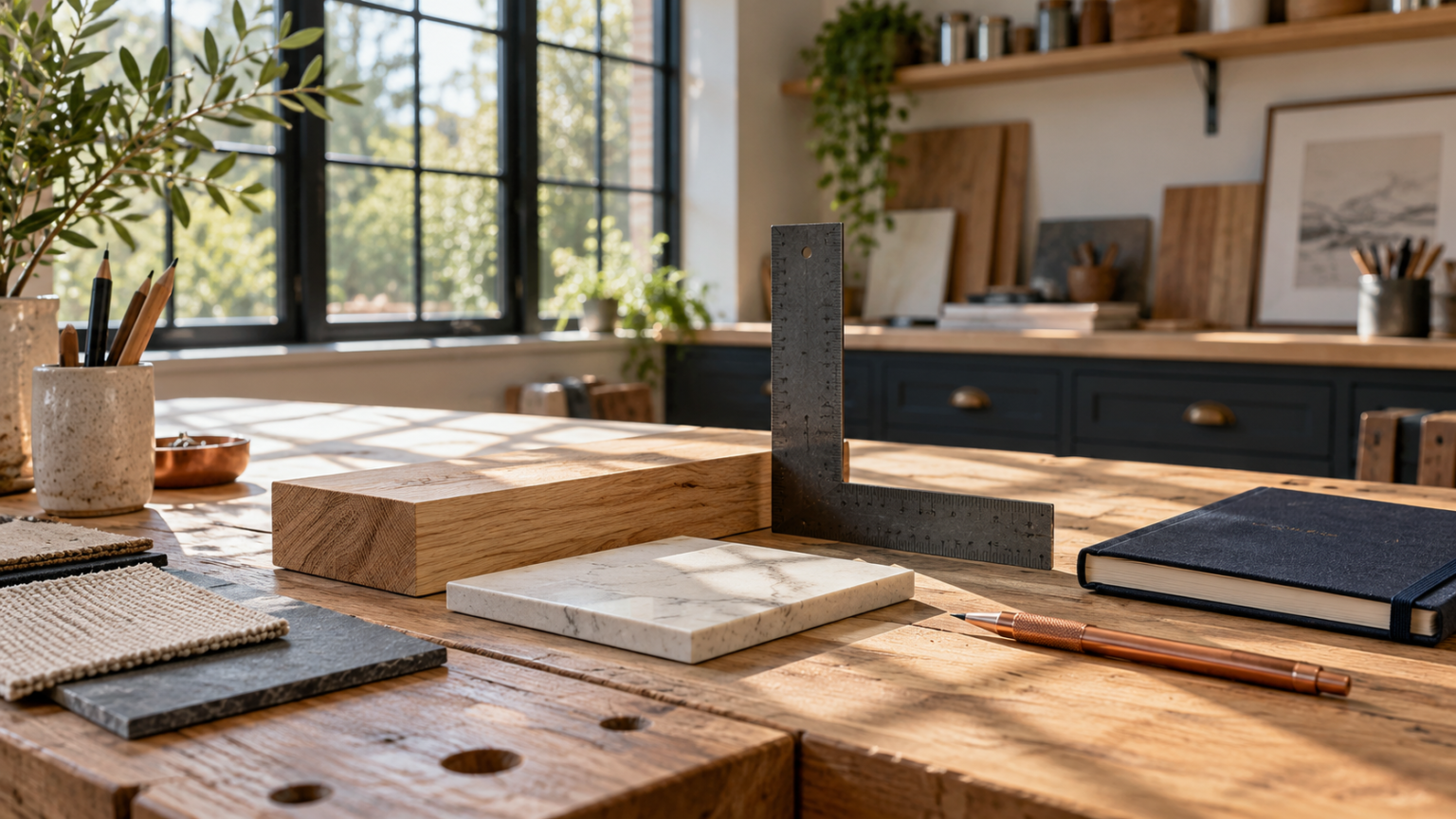A carpenter's square, wood block, tile sample, and navy notebook on a sunlit workbench.
