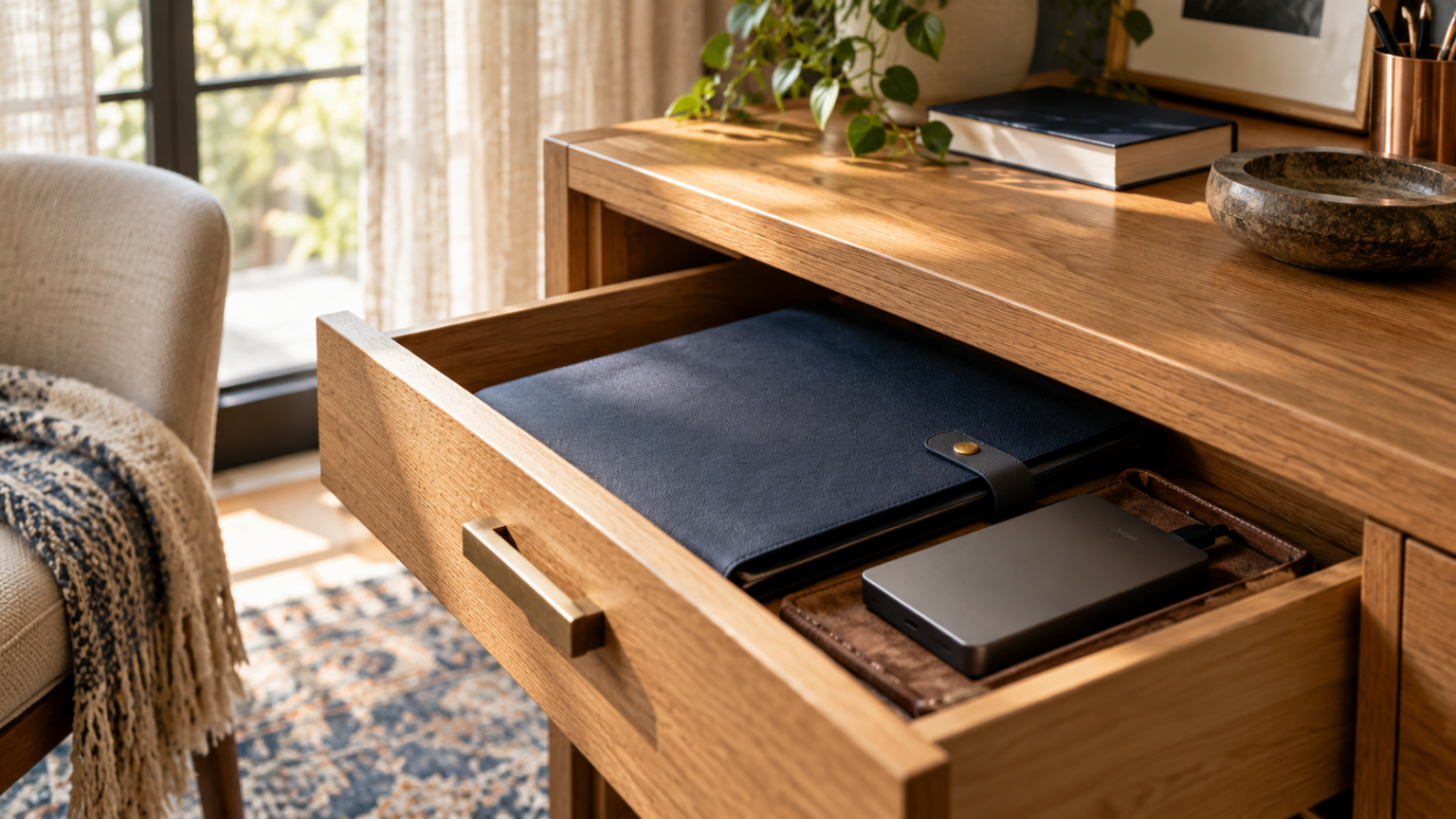 A closed navy project folder and external drive in a partly open oak desk drawer.