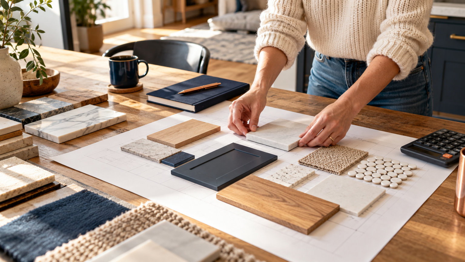 Hands arranging wood, tile, and cabinet samples on a renovation planning sheet.