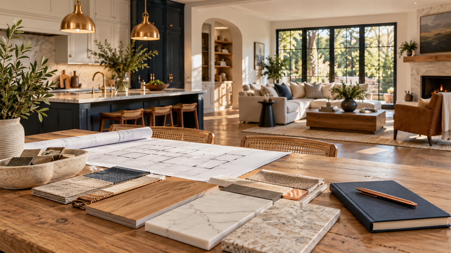 Material samples and house plans on an oak table overlooking a sunlit kitchen and living room.