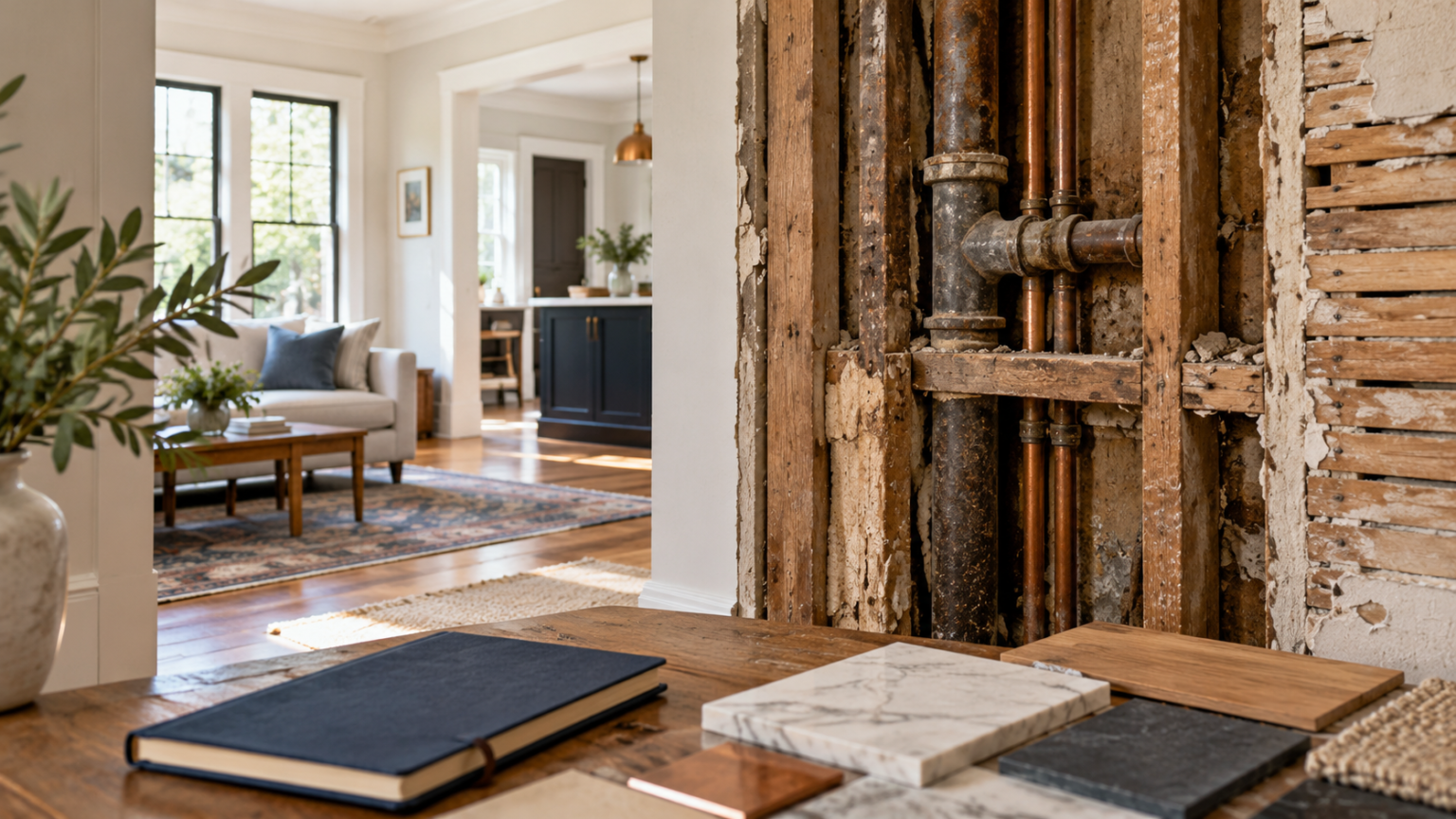 Exposed timber framing and older pipework beside a finished room and project notebook.